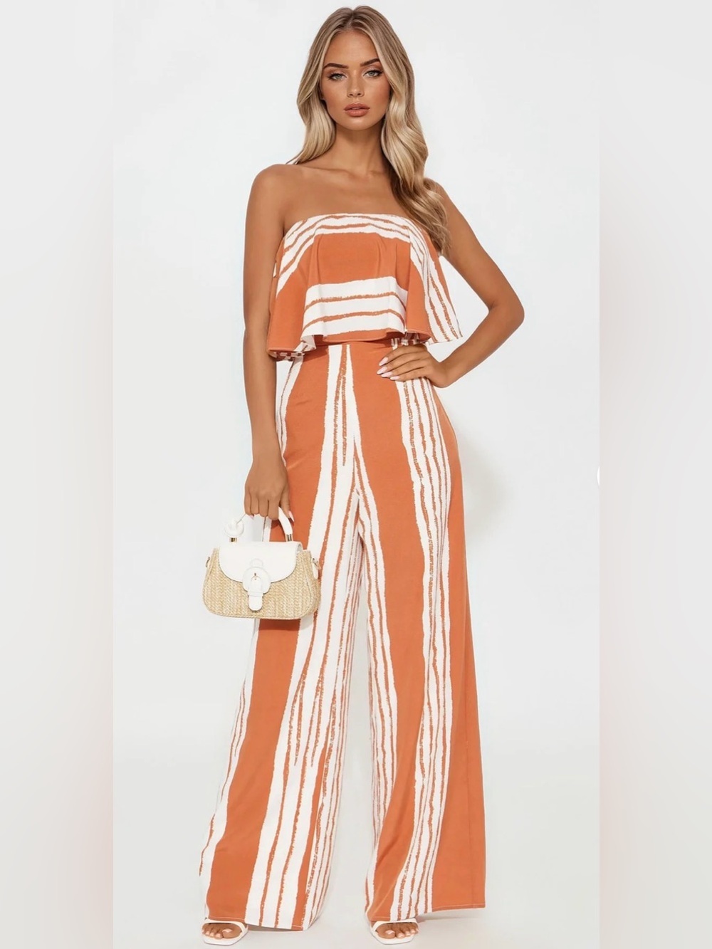 Fashion Nova Rust & White Strapless Flounce Wide-Leg Jumpsuit